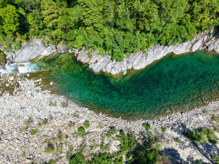 Drone view at river Maggia of Ponte Brolla in Switzierland