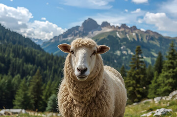 The sheep is grazing in the picturesque mountains