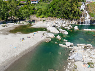 Drone view at river Maggia of Ponte Brolla in Switzierland