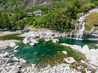 Drone view at river Maggia of Ponte Brolla in Switzierland