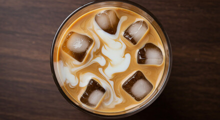 Top-down view of iced coffee with swirling cream and ice cubes in a glass.