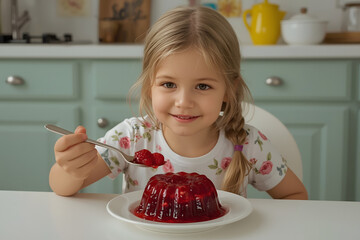 A blonde girl with a braid on one side is sitting in the kitchen, eating a large red jelly with a spoon.