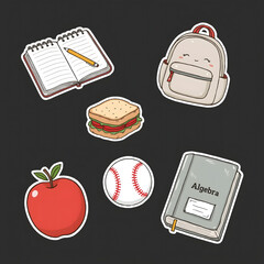 Doodle-style stickers for school on a dark background: backpack, apple, sandwich, ball, notebook, pencil, algebra textbook