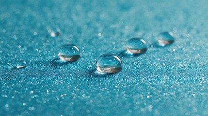 A blue surface with four small droplets of water on it