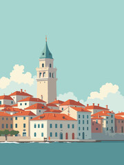 Piran &ndash; Venetian bell tower and red roofs by Adriatic in terracotta, aqua, sky blue, and ivory fa&ccedil;ades