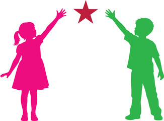 Children silhouettes reaching for a glowing star, symbol of dreams, education, hope, achievement, vibrant colorful inspiration,