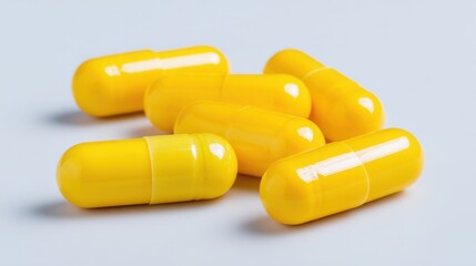 A bunch of yellow pills are on a white surface
