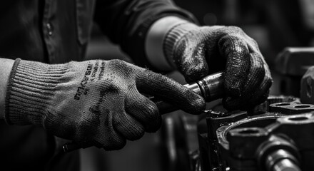 Skilled technician assembling complex machinery with protective gloves in an industrial environment