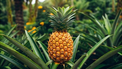 Fototapeta premium Ripe pineapple growing in a lush tropical plantation