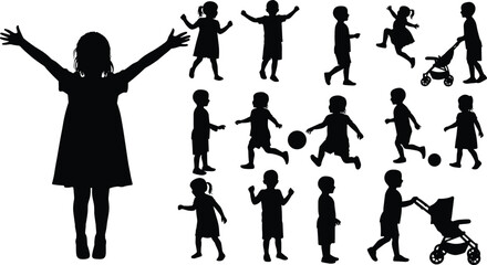 Diverse Children Silhouettes: Playing, Walking, and Joyful Childhood Moments, Showcasing Growth, Activity, and Innocence.
