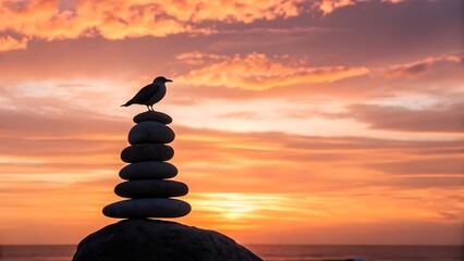 Seagull perched on balanced stones at sunset on the beach