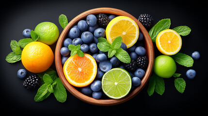 Overhead shot of a rustic wooden bowl overflowing with vibrant fresh fruits,dark blueberries, shiny black blackberries, bright green whole limes, fresh mint leaves a mix of whole and halved oranges 
