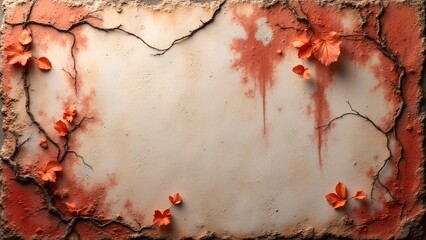 Naklejka premium A cracked wall with peeling paint and scattered autumn leaves, featuring earthy tones and a textured, weathered surface.