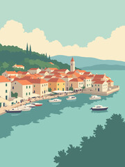 Fototapeta premium Rovinj – Venetian old town and island views in pastel orange, sea green, terracotta roofs, and aqua reflections