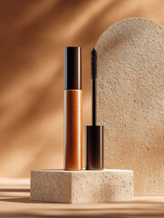 Stylish mascara tube and wand are elegantly displayed on textured beige block against warm, soft background. glossy finish of tube reflects light, creating luxurious feel