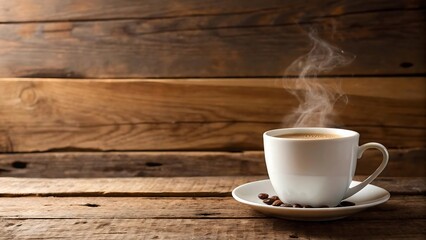 Obraz premium Steaming cup of coffee on a rustic wooden table