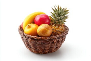 Brown Wicker Basket of Fresh Colorful Fruit on White Background