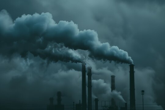 Industrial factory chimneys releasing dark smoke into sky, air pollution and climate change theme, gloomy background.