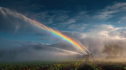 Irrigation rainbow in a misty field