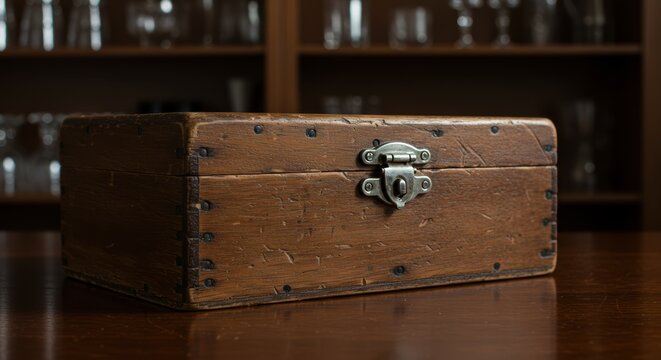 A rustic wooden box resting on a polished table evokes timeless elegance and offers versatile storage solutions - Powered by Adobe