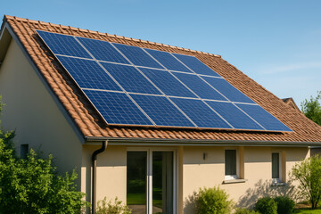 Fototapeta premium Solar panels installed on a modern house roof during daytime