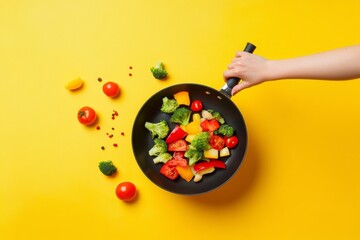 A hand skillfully tossing vibrant vegetables into a frying pan on a cheerful yellow backdrop