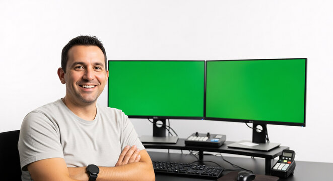 Young Male Employee at Workplace with Two Blank Green Screen Computer Monitors for Corporate Presentation Mock-up Template. - Powered by Adobe