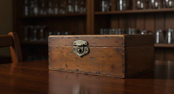 Vintage wooden box with brass clasp on a dark wooden table evokes a sense of nostalgia and timeless elegance