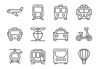 Collection of black line art transportation icons including airplane train bus taxi helicopter scooter and hot air balloon