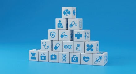 A pyramid of white cubes, each displaying various blue medical icons, sits against a solid blue backdrop.  The icons represent healthcare, pharmaceuticals, and wellness