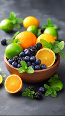 Overhead shot of a rustic wooden bowl overflowing with vibrant fresh fruits,dark blueberries, shiny black blackberries, bright green whole limes, fresh mint leaves a mix of whole and halved oranges 