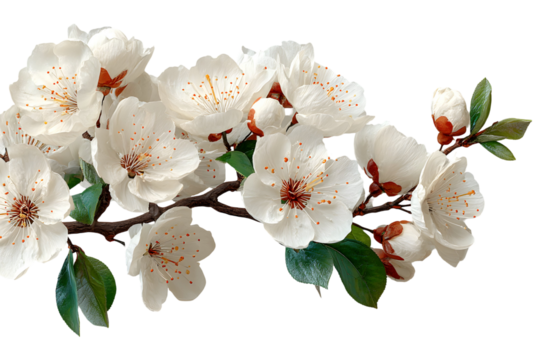 Delicate White Cherry Blossoms in Full Bloom against a stark transparent background