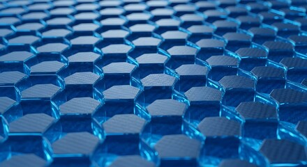 Fototapeta premium Futuristic Blue Hexagon Pattern with Glowing Edges, Abstract Hexagonal Grid Background with Carbon Fiber Texture and Deep Blue Illumination