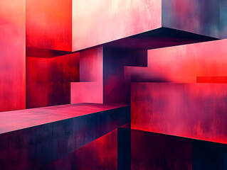 Abstract architectural composition with red and pink geometric shapes and shadows