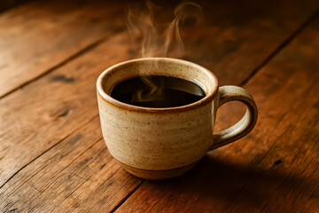 Hot cup of coffee steaming on wooden table surface