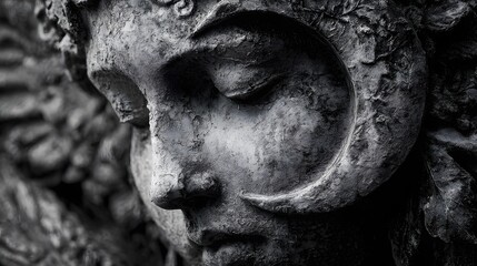 Close-up of a fairy statue's face with the crescent moon softly illuminating her features in black and white
