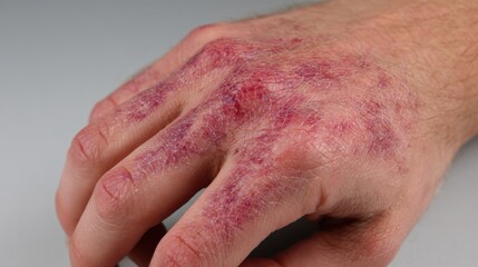 Fototapeta premium Visual of healing firstdegree burn on hand displaying vivid red heat marks and mild epidermal irritation.