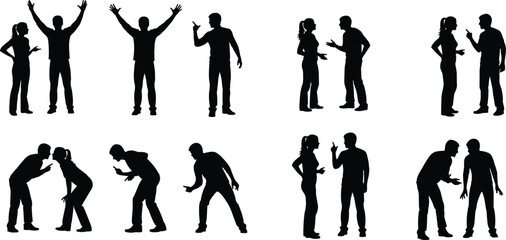 Silhouettes of people arguing, couple fighting, emotional conflict illustration, man and woman disagreement poses, relationship problem vector concept art