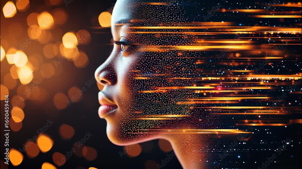 Poster binary integration streams across a in face, symbolizing the code of technology and humanity woman's