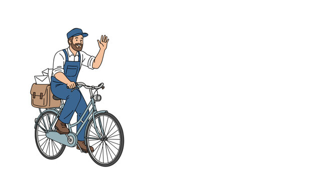  Bearded mail carrier waving while riding bicycle in flat style