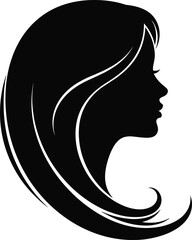 Elegant female hair silhouette, flowing strands, stylish beauty, fashion vector art, black and white illustrationn