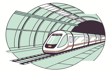 Illustration of a modern train inside a tunnel with overhead structure and tracks on a light background