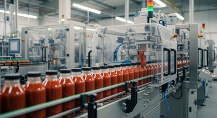 Fototapeta premium Factory interior showing continuous tomato sauce packaging with automated sealing machines.