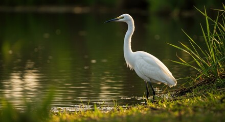 Fototapeta premium A pristine white egret stands gracefully at the edge of a calm, sunlit pond, its slender form reflected subtly in the dark, still water. Tall grasses frame the scene