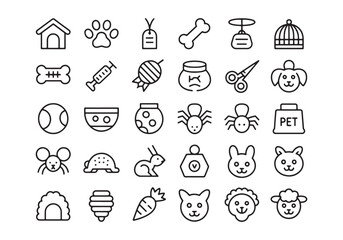 Fototapeta premium Collection of pet care and animal icons including dog house paw print bone syringe and bird cage vector