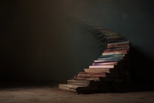 Stairs made of books leading into a dark space showcasing creativity and imagination