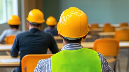 Back view of people wearing yellow hard hats and safety vests sitting in classroom setting with orange chairs and blurred background
