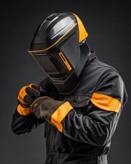 Close-up of person wearing black and orange welding hard hat and protective gloves against dark background