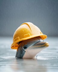 Close-up of a dolphin wearing a yellow hard hat with water droplets in a rainy environment with soft focus background