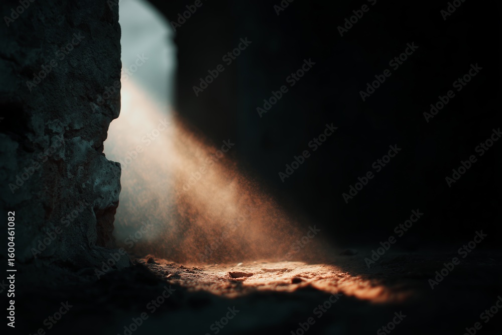 Poster light beam filters through a stone archway creating a mystical atmosphere in an ancient ruin
